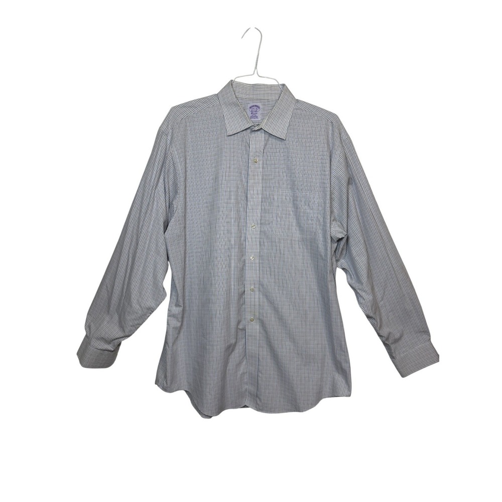 Brooks Brothers Dress Shirt Mens 17.5 36 White Blue Tattersall Non-Iron Classic